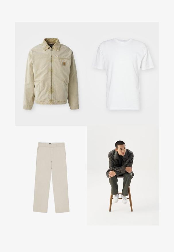 Beige jakke med lynlås foran, spidse kraver, brystlomme og to sidelommer. Lavet af et struktureret stof med en subtil glans.; Hvid bomulds T-shirt med korte ærmer, rund halsudskæring og en glat tekstur. Enkel design uden mønstre eller grafik.; Beige brede bukser med en glat tekstur, der har bæltestropper, to frontlommer og en lynlåslukning. Minimalistisk design.; Ung mand i mørk læderjakke og jeans sidder på en træskammel, læner sig fremad med armene krydset og kigger til siden mod hvid baggrund.