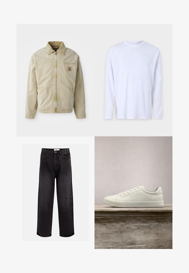 Beige jakke med lynlås foran, spidse kraver, brystlomme og to sidelommer. Lavet af et struktureret stof med en subtil glans.; Hvid langærmet t-shirt lavet af blød bomuld, med en rund halsudskæring og subtile syninger over fronten og skuldrene.; Sorte denim jeans med bred benpasform, der har fem lommer, en syet talje og en diskret logodetalje nær knæet.; Hvide snørresneakers svævende over en træbænk med grønne planter i baggrunden, der fremhæver skodesign og tekstur.