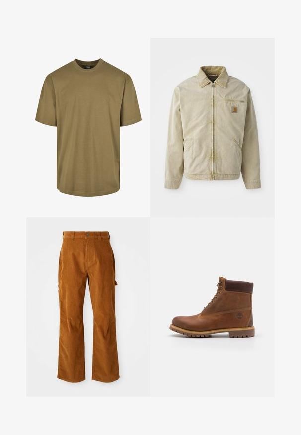 Beige Jacke mit Reißverschluss vorne, spitzem Kragen, Brusttasche und zwei Seitentaschen. Hergestellt aus einem strukturierten Stoff mit subtiler Shed.; Olivenfarbene T-Shirt, kurze Ärmel, runder Halsausschnitt, aus Baumwollmaterial, verfügt über ein schlichtes Design ohne Muster oder Akzente.; Braune Cordhosen mit einem ausgestellten Beindesign, ausgestattet mit Seitentaschen und einem Knopfverschluss vorne. Die Textur ist weich und gerippt.; Braune Lederwanderschuhe mit glatter Oberfläche, gepolstertem Knöchel, Metallösen und einer Gummisohle mit robustem Profil.