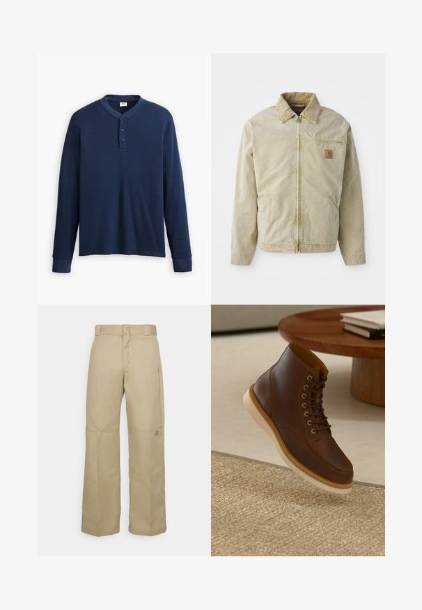 Beige jakke med lynlås foran, spidse kraver, brystlomme og to sidelommer. Lavet af et struktureret stof med en subtil glans.; Langærmet marineblå henley-skjorte lavet af ribbet stof. Har en rund halsudskæring og tre knaplukning. Ærmerne er tætsiddende.; Beige brede benbukser lavet af robust stof, med høj talje, synlig syning og et lille logo-patch på siden.; Brune læderankelstøvle med beige sål på et struktureret beige tæppe ved siden af et rundt træbord med stakke af bøger.