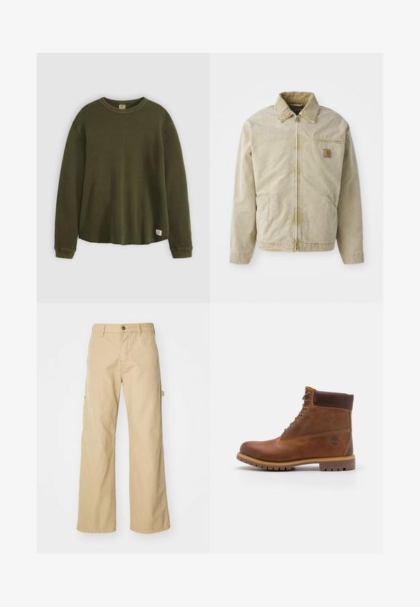 Chaqueta beige con cierre frontal, cuello puntiagudo, bolsillo en el pecho y dos bolsillos laterales. Hecha de una tela texturizada con un brillo sutil.; Suéter de manga larga en verde oliva, confeccionado en un material texturizado y acanalado, con cuello redondo, corte relajado y una pequeña etiqueta de la marca en el dobladillo inferior.; Pantalones cargo de pierna ancha en color beige con cierre de botón, que cuentan con bolsillos laterales, fabricados en resistente tejido de algodón, con textura suave y diseño de corte recto.; Botas de senderismo de cuero marrón con un acabado suave, tobillo acolchado, ojales de metal y suela de goma con un patrón de tracción robusto.