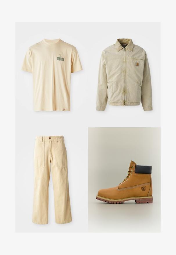 Chaqueta beige con cierre frontal, cuello puntiagudo, bolsillo en el pecho y dos bolsillos laterales. Hecha de una tela texturizada con un brillo sutil.; Camiseta de algodón color crema con cuello redondo, mangas cortas y un estampado gráfico en el lado izquierdo del pecho que representa una televisión vintage.; Pantalones de pierna ancha beige de algodón. Cuentan con una cintura alta, dos bolsillos frontales de diseño plano y un cierre de un botón.; Bota de tobillo de cuero marrón con cuello negro, cordones amarillos y suela beige. Presenta un logotipo y detalles de costura blanca. Suela exterior con tracción robusta.