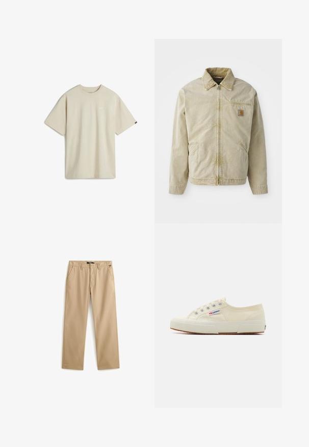 Beige jakke med lynlås foran, spidse kraver, brystlomme og to sidelommer. Lavet af et struktureret stof med en subtil glans.; Beige bomulds T-shirt med korte ærmer, rund halsudskæring og et lille hvidt logo på brystet. Glat tekstur med en afslappet pasform.; Beige bukser med lige ben, bæltestropper, frontknap, lynlås og sidelommer mod en hvid baggrund.; Beige lærredssneaker med et lavprofildesign, metaløjet og gummisål. Har et tekstureret mønster og logodetalje på siden.