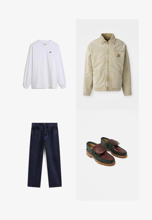 Chaqueta beige con cierre frontal, cuello puntiagudo, bolsillo en el pecho y dos bolsillos laterales. Hecha de una tela texturizada con un brillo sutil.; Camiseta de manga larga blanca hecha de algodón, con un pequeño gráfico de patineta negra en el lado izquierdo del pecho y puños acanalados.; Jeans rectos de color azul oscuro con bolsillos delanteros, pasadores de cinturón, cierre de botón y logo de Vans en la cintura y el bolsillo.; Zapatos de cuero con cuerpo verde oscuro, parte superior burdeos, puntera redonda, solapa asegurada y suela de caucho texturizada con crestas.
