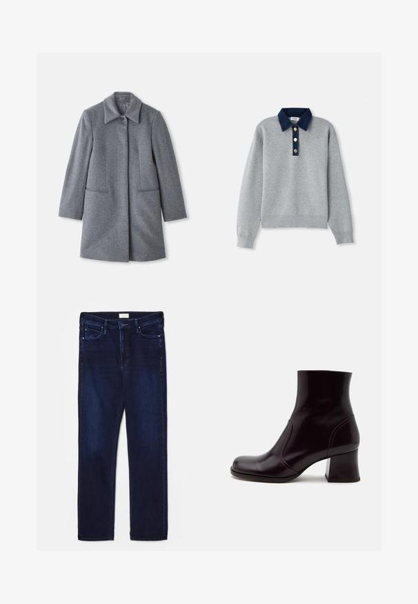 Grå uld midt-længde frakke med en bred krave, en synlig knap og to vandret frontlommer, præsenteret på en hvid baggrund.; Grå sweatshirt med en mørkeblå denimkrave, tre guldknapper og ribbede manchetter. Blød tekstur med et afslappet design.; Mørkeblå denimjeans med slim fit, fem-lomme design, stikninger og lige benudskæring. Har en knap- og lynlås lukning.; Blank mørkebrun ankelstøvle med blokhæl, rund tå og glat læderfinish, vist i sideprofil på hvid baggrund.