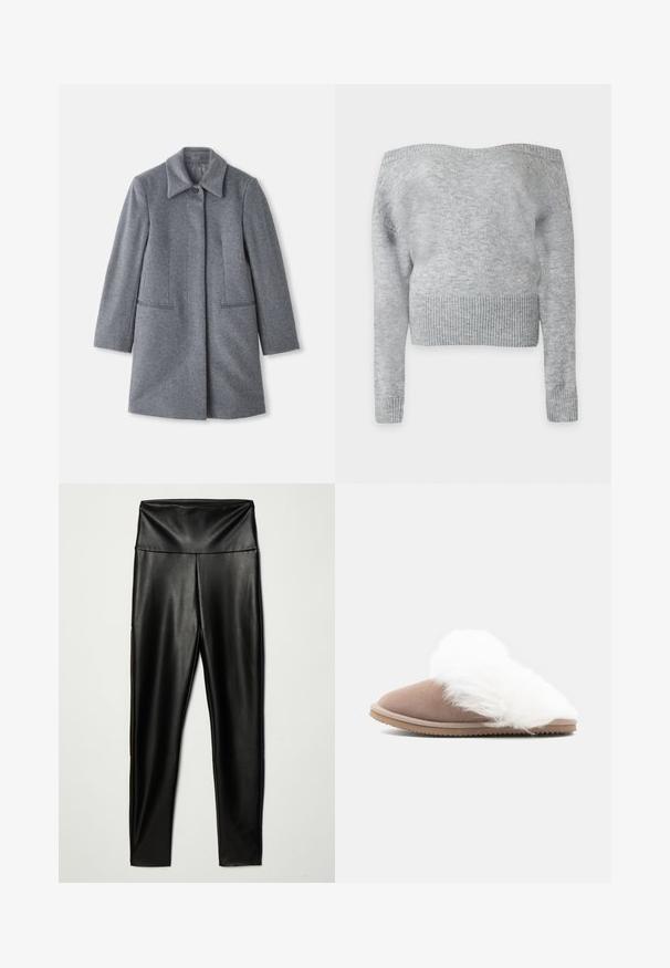 Grå uld midt-længde frakke med en bred krave, en synlig knap og to vandret frontlommer, præsenteret på en hvid baggrund.; Lysegrå strikket off-shoulder sweater med lange ærmer og bred ribkant forneden og ved ærmerne, vist på en ensfarvet baggrund.; Sorte leggings i faux læder med høj talje, der har en glat tekstur og en tætsiddende silhuet, der strækker sig ned til anklerne.; Brun ruskinds slip-on slippers med tykt, hvidt kunstpelsfor og en skridsikker gummisål, vist fra siden på en hvid baggrund.