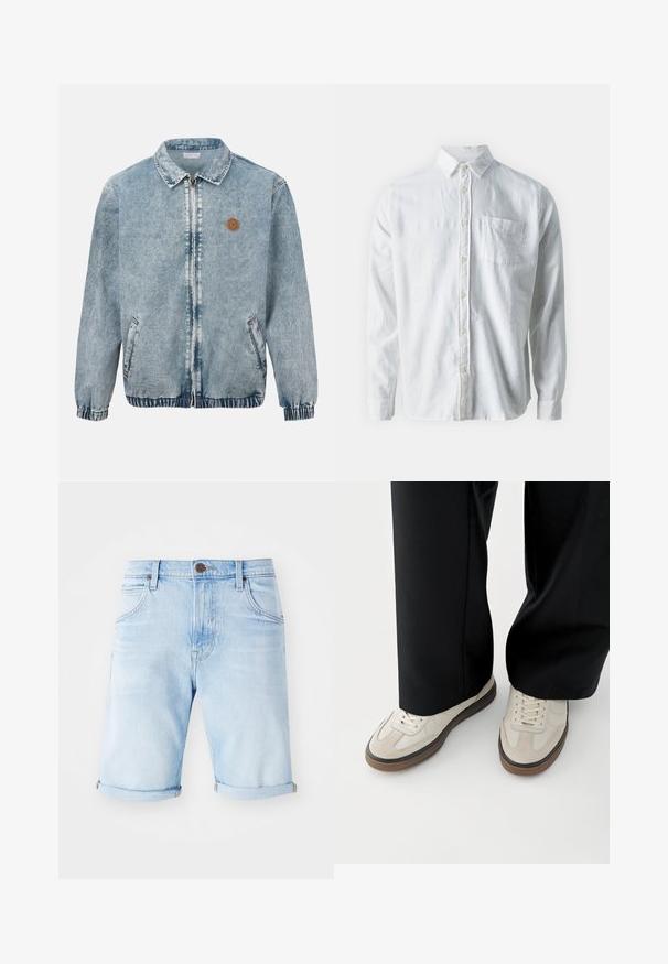 Lyseblå denimjakke med lynlås foran, to sidelommer, elastiske manchetter og kant, samt et lille rundt brunt logo på venstre bryst.; Hvid langærmet skjorte med knaplukning i åndbart stof, med klassisk krave, knaplukning og en enkelt brystlomme.; Lyseblå denimshorts med opfoldede kanteder, klassisk fem-lomme design og et bronzefarvet logo-patch på linning. Glat tekstur.; Fødder iført beige sneakers med brune såler og sorte bukser med vide ben på hvid baggrund.