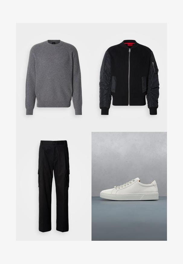 Chaqueta bomber negra con cuerpo de punto acanalado y mangas lisas de nailon, cremallera frontal y bolsillos laterales. Corte entallado con bajos con puños.; Suéter de punto acanalado gris de manga larga con cuello redondo y puños acanalados, presentado sobre un fondo blanco liso.; Pantalones cargo negros de corte relajado, con bolsillos laterales, cierre de botón y tela ligera y suave.; Zapatilla blanca de cuero con punta redondeada, diseño minimalista, cordones grises y suela de goma texturizada gris. Detalles de costura sutiles visibles.