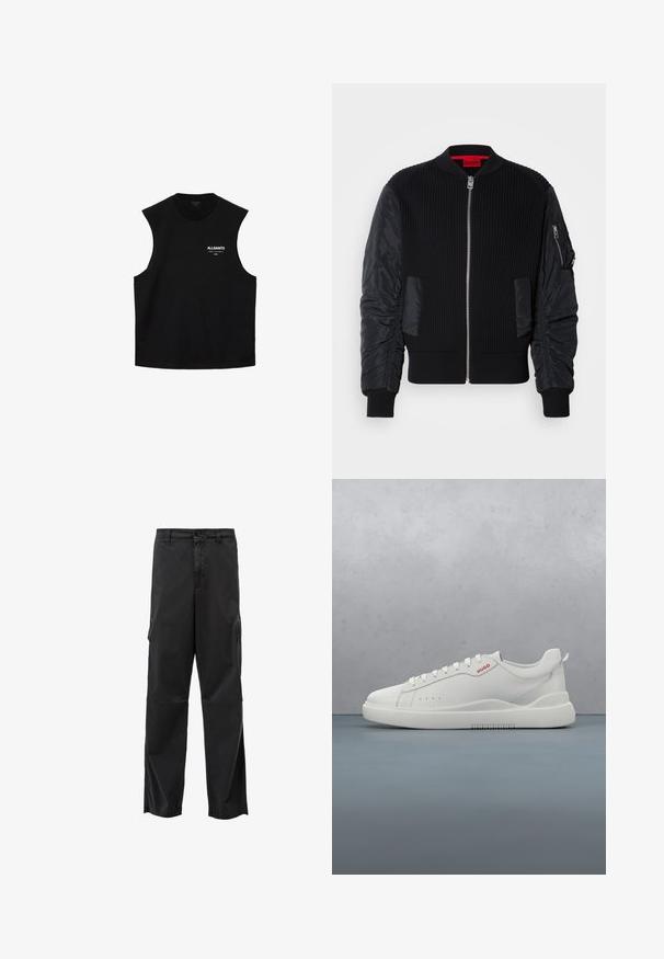 Chaqueta bomber negra con cuerpo de punto acanalado y mangas lisas de nailon, cremallera frontal y bolsillos laterales. Corte entallado con bajos con puños.; Top negro sin mangas con cuello redondo y logo "ALLSAINTS" junto con texto pequeño en blanco en el lado izquierdo del pecho.; Pantalones cargo negros con corte recto, cierre de botón y bolsillos laterales. Tejido suave con un acabado mate y sin patrones visibles.; Zapatilla blanca con un acabado de cuero liso, punta redonda, cuatro ojales, perforaciones sutiles y un detalle de logo rojo en el lateral.
