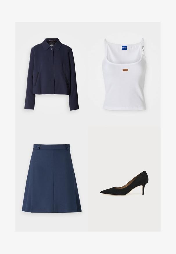 Navyblauwe cropped jas met een puntige kraag, een sluiting met knopen aan de voorkant, zijzakken en een gladde stofafwerking. Logo zichtbaar aan de binnenkant.; Witte geribde tanktop met verstelbare bandjes, voorzien van een blauw logo label en een klein bruin label, gemaakt van een zachte, rekbare stof.; Navyblauwe A-lijn rok van gladde stof, met twee decoratieve knopen op de taille en subtiele naden aan de zijkant.; Zwarte suède pumps met spitse neus, een slanke middenhoge naaldhak en een laag uitgesneden ontwerp op een effen achtergrond.