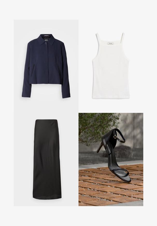 Navyblauwe cropped jas met een puntige kraag, een sluiting met knopen aan de voorkant, zijzakken en een gladde stofafwerking. Logo zichtbaar aan de binnenkant.; Witte tanktop met dunne banden, gemaakt van ribkatoenen stof, met een rechte halslijn en een nette afwerking aan de zoom.; Zwarte maxi rok van glad, lichtgewicht stof. Heeft een rechte silhouet met een elastische tailleband en geen zichtbare patronen of versieringen.; Zwarte hoge hak sandaal met enkelbandje zweeft boven een houten tegelvloer buiten, met een onscherpe groene en stenen achtergrond.