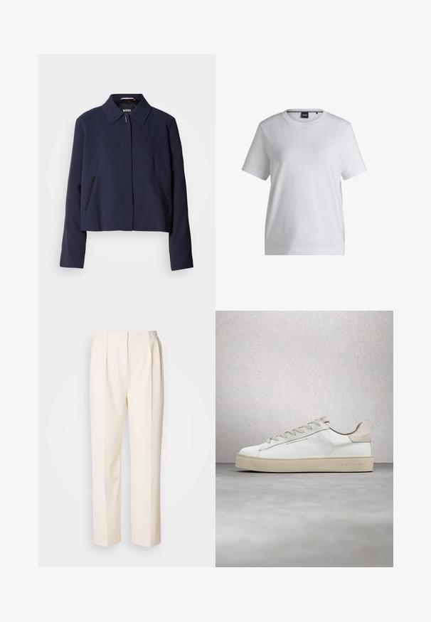 Marineblå cropped jakke med spidse kraver, frontlukning med knapper, sidelommer og en glat stoffinish. Logo vist indeni.; Hvid bomulds t-shirt med rund halsudskæring, korte ærmer og en afslappet pasform. Har et lille mærke nær kraven.; Lacoste Bukser - lapland; Hvide lædersneakers med en glat overflade, beige ruskindsdetaljer, rund tå, flad snørebåndsdesign og en struktureret gummisål.