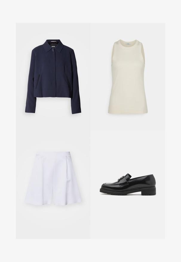 Marineblå cropped jakke med spidse kraver, frontlukning med knapper, sidelommer og en glat stoffinish. Logo vist indeni.; IVY OAK KLARA ANN - Top - almond milk; Hvide skræddersyede shorts med høj talje, læg og en glat tekstur, der tilbyder en struktureret, moderne silhuet.; Sorte lakerede loafers med lav blokhæl, syet tå og metalspænde detaljer på oversiden, vist i sideprofil på hvid baggrund.