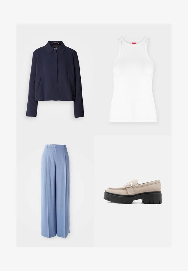 Marineblaues cropped Jacket mit spitzem Kragen, vorderem Knopfverschluss, seitlichen Taschen und glatter Stoffoberfläche. Logo innen sichtbar.; Weißes ärmelloses, geripptes Tanktop mit hohem Rundhalsausschnitt und figurbetonter Form, abgebildet auf einfachem hellem Hintergrund.; Hellblaue weit geschnittene Hosen mit einer glatten Textur, ausgestattet mit Falten und Gürtelschlaufen an der Taille, die für einen lockeren Sitz konzipiert sind.; Beiger Wildleder-Slipper mit silberner Schnalle und dicker schwarzer Profilsohle, Seitenansicht vor weißem Hintergrund.