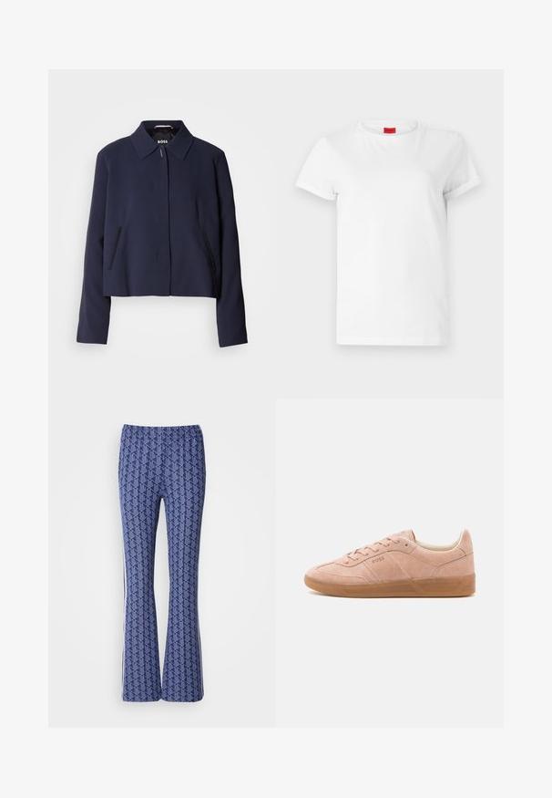 Navyblauwe cropped jas met een puntige kraag, een sluiting met knopen aan de voorkant, zijzakken en een gladde stofafwerking. Logo zichtbaar aan de binnenkant.; Witte T-shirt met korte mouwen, gemaakt van lichtgewicht katoen. Heeft een ronde hals en opgerolde mouwen. Rode merketiket op de kraag.; Blauwe, gepatineerde broek met een geometrisch ontwerp, elastische tailleband en witte strepen aan de zijkanten. Glad oppervlak overal.; Lichtroze suède sneakers met een rubberen zool, ronde neus en vetersluiting. Heeft minimale branding aan de zijkant en op de hiel.
