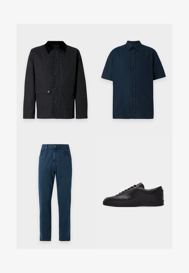 Chaqueta negra con cuello de pana, botones a presión en la parte delantera, dos bolsillos con solapa y un diseño sencillo. El material parece liso y resistente.; Camisa de manga corta, con botones, en azul marino oscuro, hecha de algodón texturizado, con un único bolsillo en el pecho y cinco botones en el frente.; Jeans de pierna recta en azul marino con botones frontales, pasadores para cinturón y costuras visibles en los bolsillos y las costuras.; Zapatilla baja negra de cuero con cordones en la parte delantera y suela plana de goma, mostrada de perfil sobre un fondo blanco liso.
