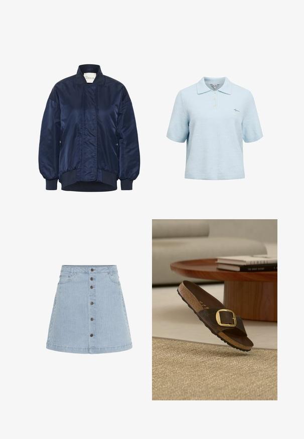 Chaqueta bomber de marina, tejido brillante, puños y dobladillo acanalados, cierre frontal a presión, bolsillos laterales, detalle acolchado en el cuerpo.; Polo de manga corta de color azul claro, con un tejido texturizado, cuello, tapeta con tres botones y un pequeño detalle bordado en el frente.; Falda de mezclilla de color azul claro con rayas blancas. Presenta un cierre de botones en la parte delantera, dos bolsillos laterales y un dobladillo acampanado.; Sandalia marrón de ante tipo slide con una gran hebilla dorada, plantilla de corcho y suela negra sobre una alfombra beige y una mesa de café de madera de fondo.