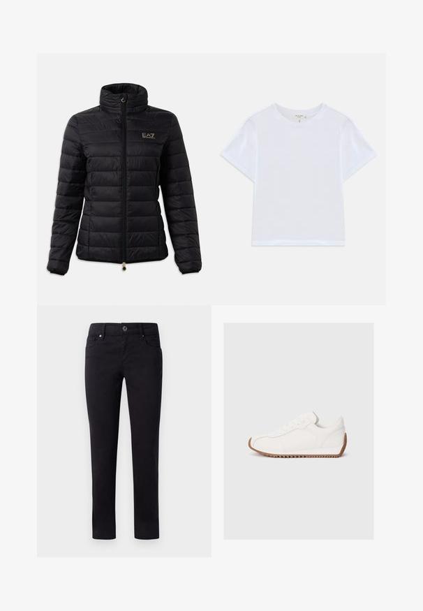Sort polstret jakke med høj krave, lynlåslukning, horisontalt quiltet mønster og et guld logo på brystet. Accentueret med guld hardware.; Hvid cropped t-shirt lavet af blødt bomuld, med rund hals og korte ærmer og en let løs pasform. Ingen mønstre eller accenter.; Sorte bomuldsbukser med lige ben-design, der har forlommer og en knaplukning i taljen. Glat tekstur uden mønstre.; Hvide sneakers med glat læderoverdel, tekstureret gummisål, rund tå og diskrete syninger. Kontrastfarvet brun gummisål.