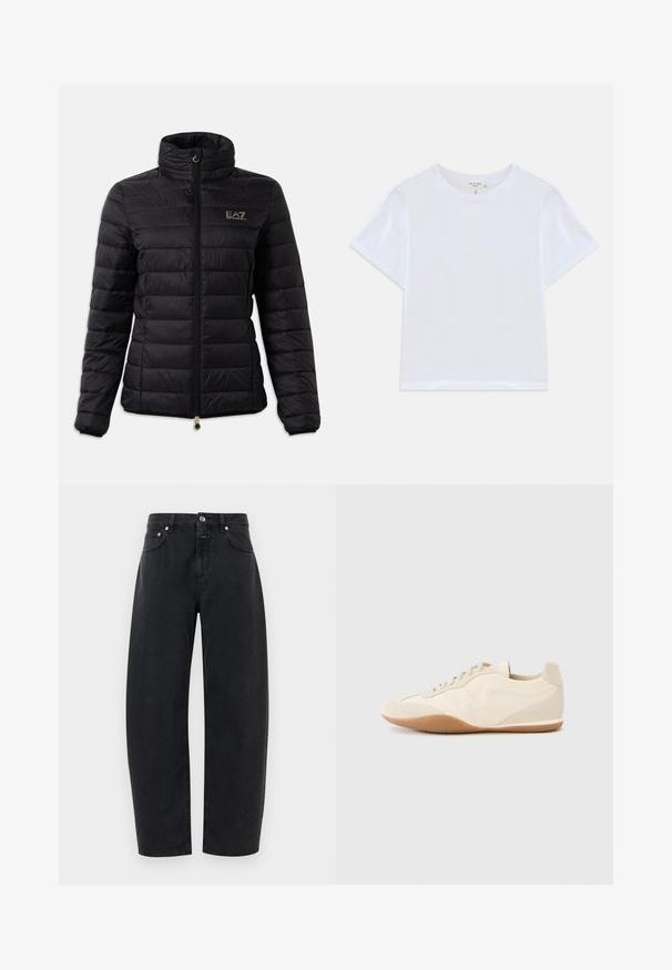 Chaqueta acolchada negra, con un alto cuello, cierre de cremallera, patrón de acolchado horizontal y un logo dorado en el pecho. Acentuada con detalles en dorado.; Camiseta blanca corta hecha de algodón suave, con un cuello redondo y mangas cortas, y un corte ligeramente holgado. Sin patrones ni acentos.; Vaqueros de mezclilla negra con un diseño de pierna recta, cinco bolsillos y detalles en cobre. La tela tiene una textura suave y una costura clásica.; Zapatillas deportivas color beige claro con parte superior de cuero texturizado, paneles laterales texturizados y suela de goma. Presentan un diseño elegante y estilizado con cordones planos.