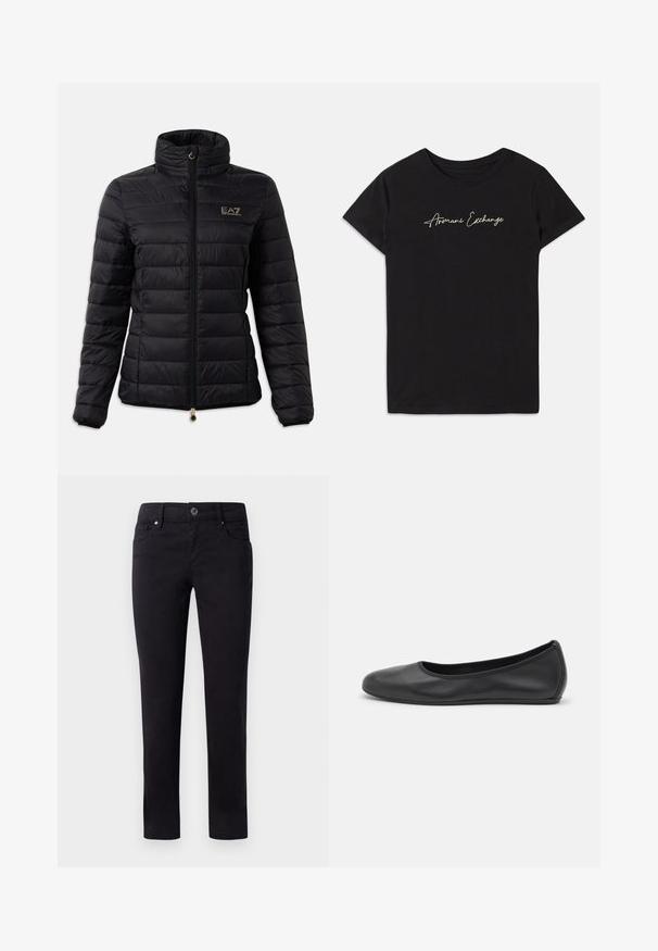 Schwarze gepolsterte Jacke mit hohem Kragen, Reißverschluss, horizontalem Steppmuster und einem goldenen Logo auf der Brust. Mit goldenen Beschlägen akzentuiert.; Schwarzes Baumwoll-T-Shirt mit kurzen Ärmeln und Rundhalsausschnitt, verziert mit einem kursiven "Armani Exchange"-Logo in Weiß.; Schwarze Baumwollhosen mit geradem Bein, ausgestattet mit Fronttaschen und einem Knopfverschluss an der Taille. Glatte Textur und ohne Muster.; Schwarze Leder-Ballettschuhe mit abgerundeter Spitze, glatter Textur, minimalen Nähdetails und einem flexiblen Sohlen-Design.
