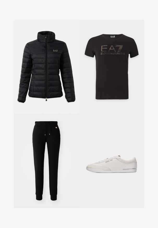 Zwarte gewatteerde jas met een hoge kraag, ritsluiting, horizontaal geruit patroon en een gouden logo op de borst. Verfijnd met gouden hardware.; Zwart T-shirt met korte mouwen met gouden EA7 Emporio Armani-logo in het midden van de borst tegen een witte achtergrond.; Zwarte tapered sweatpants met een tailleband met trekkoord en manchetten bij de enkels, weergegeven op een eenvoudige witte achtergrond.; Lage wit-beige sneaker met veters, gemaakt van glad leer en suède accenten, met een klein Michael Kors-logo aan de zijkant.