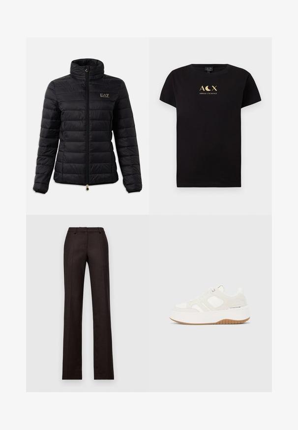 Schwarze gepolsterte Jacke mit hohem Kragen, Reißverschluss, horizontalem Steppmuster und einem goldenen Logo auf der Brust. Mit goldenen Beschlägen akzentuiert.; Schwarzes Baumwoll-T-Shirt mit kurzen Ärmeln, das ein goldfarbenes Logo-Design mit den Texten "ACX" und "ARMANI EXCHANGE" zeigt.; Maßgeschneiderte schwarze Hosen mit geradem Schnitt, gefertigt aus einem glatten Stoff, der gepresste Falten und ein klassisches Taillendesign aufweist.; Weißer und beigefarbener Plateausneaker mit Schnürung vorne, Gummisohle, seitlichem Markenlogo und gesteppter Paneelgestaltung.