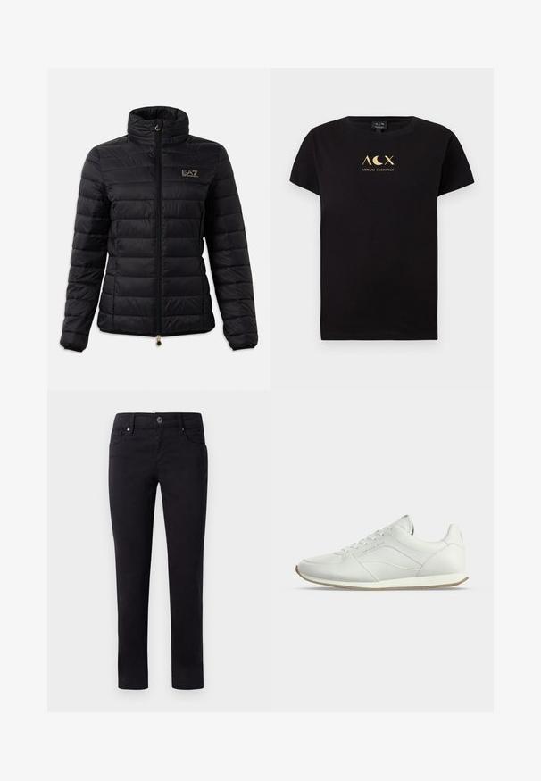 Schwarze gepolsterte Jacke mit hohem Kragen, Reißverschluss, horizontalem Steppmuster und einem goldenen Logo auf der Brust. Mit goldenen Beschlägen akzentuiert.; Schwarzes Baumwoll-T-Shirt mit kurzen Ärmeln, das ein goldfarbenes Logo-Design mit den Texten "ACX" und "ARMANI EXCHANGE" zeigt.; Schwarze Baumwollhosen mit geradem Bein, ausgestattet mit Fronttaschen und einem Knopfverschluss an der Taille. Glatte Textur und ohne Muster.; Weißer flacher Ledersneaker mit Schnürung vorne, dezenten Nahtdetails und beiger Gummisohle auf einfachem hellem Hintergrund.