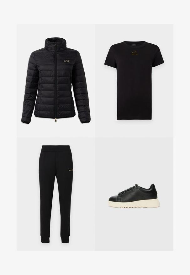 Veste rembourrée noire, dotée d'un col haut, d'une fermeture éclair, d'un motif matelassé horizontal et d'un logo doré sur la poitrine. Accentuée par des accessoires en or.; T-shirt noir à manches courtes en coton. Présente un logo doré imprimé sur la poitrine. Design classique à col rond. Texture douce.; Pantalon de survêtement noir fuselé avec taille et poignets élastiques, présentant un petit logo doré "Armani Exchange" sur la cuisse droite.; Sneaker en cuir noir avec une finition texturée, dotée d'un bout rond, de six œillets noirs et d'une semelle en caoutchouc blanche avec des rainures.