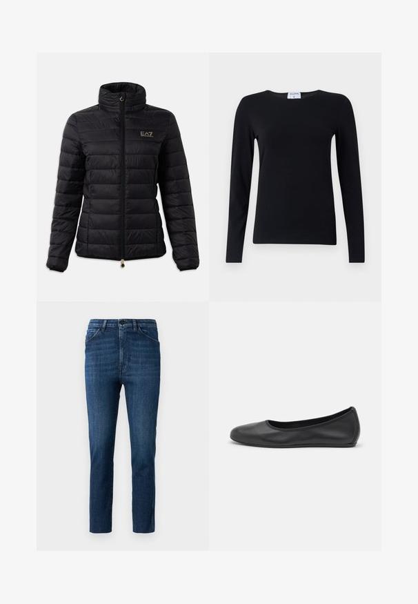 Veste rembourrée noire, dotée d'un col haut, d'une fermeture éclair, d'un motif matelassé horizontal et d'un logo doré sur la poitrine. Accentuée par des accessoires en or.; Chemise noire à manches longues en tissu doux, avec un col rond, une coupe droite et des coutures minimales pour une apparence épurée.; Jeans bleu ajustés avec un design classique à cinq poches et fermeture à bouton, présentant une légère décoloration et une coupe droite épurée.; Ballerines en cuir noir avec un bout rond, texture lisse, détails de couture minimalistes et design de semelle flexible.