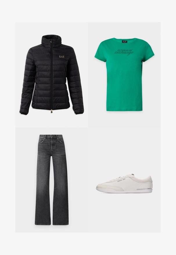 Zwarte gewatteerde jas met een hoge kraag, ritsluiting, horizontaal geruit patroon en een gouden logo op de borst. Verfijnd met gouden hardware.; Groen Armani Exchange T-shirt met korte mouwen en ronde hals met de tekst "armani exchange" in kleine zwarte stippen over de borst.; Zwarte spijkerbroek van denim met een hoge taille en een wijd uitlopende pasvorm. Bevat vijf zakken en een subtiele vervaagde textuur met contrasterende stiksels.; Lage wit-beige sneaker met veters, gemaakt van glad leer en suède accenten, met een klein Michael Kors-logo aan de zijkant.