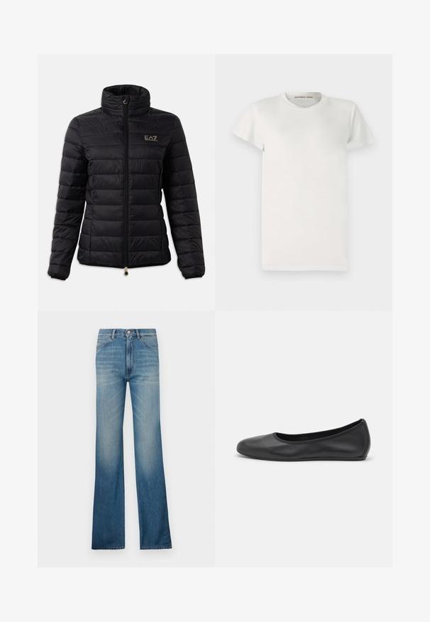 Veste rembourrée noire, dotée d'un col haut, d'une fermeture éclair, d'un motif matelassé horizontal et d'un logo doré sur la poitrine. Accentuée par des accessoires en or.; T-shirt blanc à manches courtes en coton avec un col rond et une coupe simple. Les étiquettes affichent "DESIGNERS REMIX" à l'intérieur du col.; Jean en denim bleu évasés avec un délavage clair, présentant un style à cinq poches traditionnel et une fermeture à boutons. Silhouette à jambe droite.; Ballerines en cuir noir avec un bout rond, texture lisse, détails de couture minimalistes et design de semelle flexible.