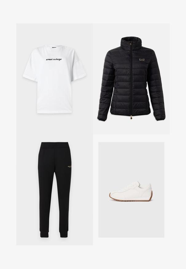 Veste rembourrée noire, dotée d'un col haut, d'une fermeture éclair, d'un motif matelassé horizontal et d'un logo doré sur la poitrine. Accentuée par des accessoires en or.; T-shirt blanc à manches courtes avec le texte noir "armani exchange" centré sur la poitrine, présenté sur un fond gris clair.; Pantalon de survêtement noir fuselé avec taille et poignets élastiques, présentant un petit logo doré "Armani Exchange" sur la cuisse droite.; Baskets blanches avec tige en cuir lisse, semelle en caoutchouc texturée, bout rond et détails de couture subtils. Semelle extérieure en caoutchouc marron contrastante.