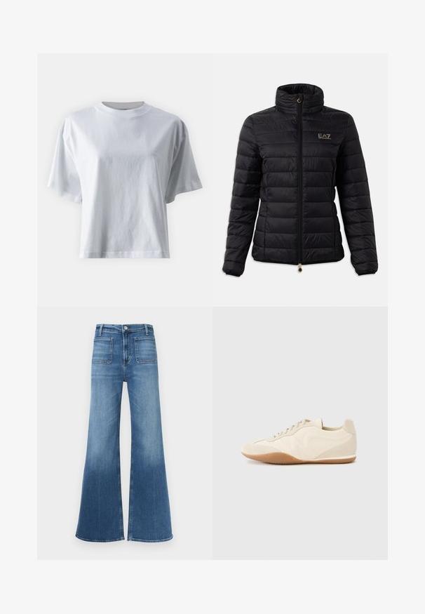 Schwarze gepolsterte Jacke mit hohem Kragen, Reißverschluss, horizontalem Steppmuster und einem goldenen Logo auf der Brust. Mit goldenen Beschlägen akzentuiert.; IVY OAK IOKYLA - T-Shirt basic - bright white; Flared Jeans aus blauem Denim mit mittelhohem Bund, fünf Taschen und einer verwaschenen Optik. Mit Gürtelschlaufen und einem einzigen Knopfverschluss.; Hellbeige Sneaker mit strukturiertem Lederupper, strukturierten seitlichen Einsätzen und einer Gummisohle. Verfügt über ein schlankes, stromlinienförmiges Design und flache Schnürsenkel.