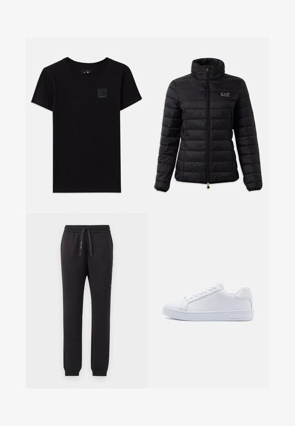 Veste rembourrée noire, dotée d'un col haut, d'une fermeture éclair, d'un motif matelassé horizontal et d'un logo doré sur la poitrine. Accentuée par des accessoires en or.; T-shirt en coton noir avec un col rond et des manches courtes. Présente une petite étiquette logo rectangulaire à l'avant.; Jogging en noir en coton doux avec une taille élastique et un cordon de serrage. Comprend des poignets côtelés et un texte brodé sur le côté.; Baskets basses en cuir blanc avec bout rond, semelle en caoutchouc plate et détail de logo sur le côté. Comprend six paires d'œillets et des accents texturés.