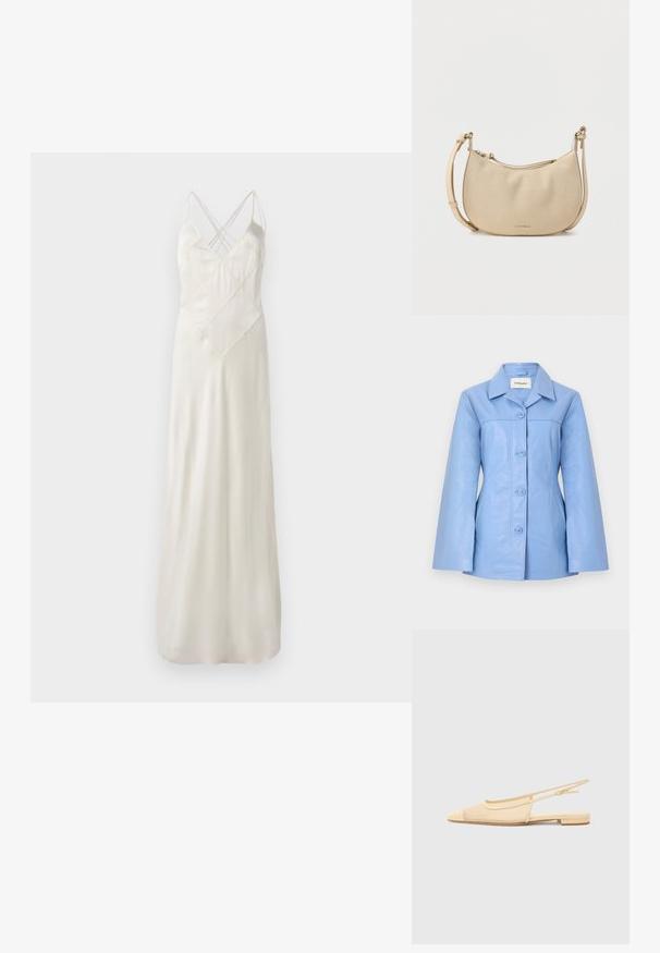 Veste en cuir bleu clair à manches longues, fermeture à boutons sur le devant, et col pointu, conçue pour une coupe ajustée.; Longue robe en satin crème avec de fines bretelles, présentant un design entrecroisé au niveau du décolleté et une coupe décontractée, le tout avec une texture lisse et brillante.; Chaussure plate slingback en beige clair avec une tige en maille, un bout pointu et un petit talon. Dotée d'une sangle ajustable pour un bon maintien.; Sac bandoulière en cuir beige en forme de croissant avec une sangle réglable et une fermeture éclair, posé sur un fond blanc uni.