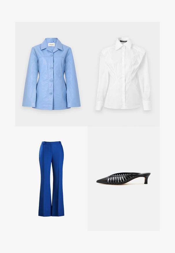 Chaqueta de cuero azul claro con mangas largas, cierre frontal con botones y cuello puntiagudo, diseñada para un ajuste entallado.; Camisa blanca de mujer ajustada de manga larga con cuello puntiagudo, cierre frontal de botones y detalles sutiles de costura en los laterales.; Pantalones azules acampanados hechos de tejido texturizado, con una cintura ajustada y detalle de plisado en la parte delantera, adecuados para ocasiones formales o informales.; Zapato mule de cuero negro con punta afilada, diseño de tiras con recortes y tacón bajo tipo kitten sobre fondo blanco.