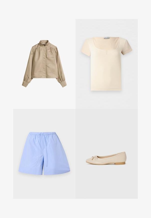 Beige lange mouwen jas met een staande kraag, enkele knoop aan de voorkant, verborgen knoopsluiting, geplooide schouders en één borstzak met klep.; Beige geribd topje met korte mouwen, vierkante halslijn en kleine V-uitgesneden detail middenvoor van Anna Field.; Lichtblauwe katoenen shorts met een gestreept patroon, elastische tailleband en verstelbare trekkoord. Heeft een losse pasvorm en een soepele textuur.; Beige balletschoenen van glad synthetisch materiaal. Voorzien van een kleine blokhak en een geknoopt detail met gouden accenten op de teen.