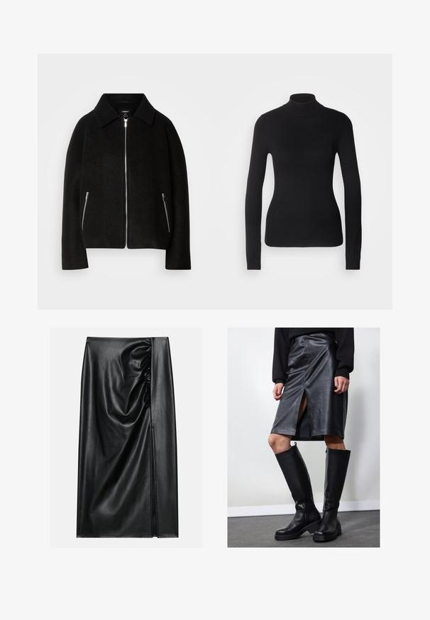 Schwarze Wollmischung Jacke mit Kragen, Reißverschluss vorne und zwei seitlichen Taschen mit silbernen Reißverschlüssen. Lässiger, strukturierter Schnitt mit langen Ärmeln.; Schwarzer Rollkragenpullover aus leichtem Strickgewebe. Mit langen Ärmeln, taillierter Passform und weichem Ripptextil.; Schwarzer Lederrock mit glatter Textur, der auf einer Seite einen gerafften Abschnitt und einen seitlichen Schlitz für zusätzlichen Detailreichtum aufweist.; Schwarzer Leder-Bleistiftrock mit Frontschlitz, kombiniert mit kniehohen schwarzen Stiefeln mit Reißverschlüssen und einer derben Sohle für zusätzlichen Halt.