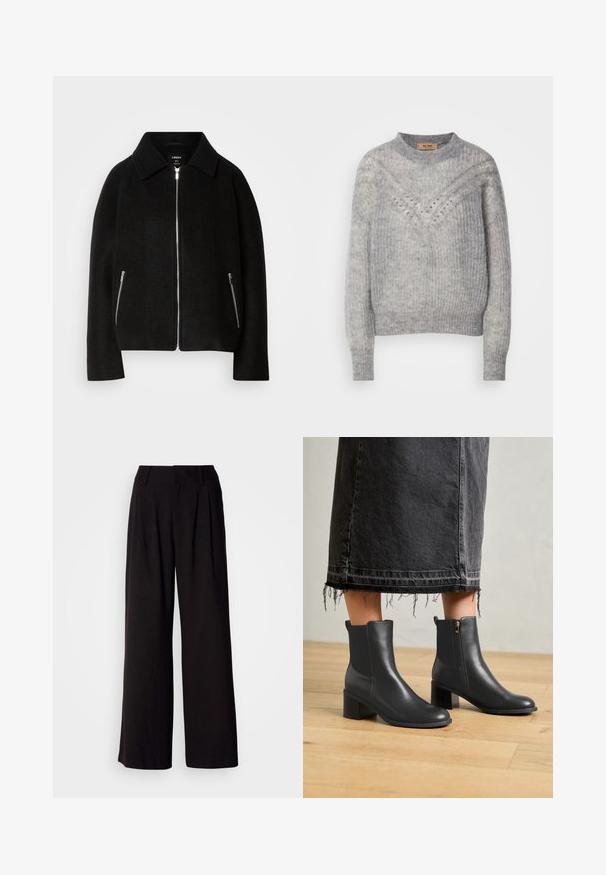 Schwarze Wollmischung Jacke mit Kragen, Reißverschluss vorne und zwei seitlichen Taschen mit silbernen Reißverschlüssen. Lässiger, strukturierter Schnitt mit langen Ärmeln.; Hellgrauer Strickpullover mit Rundhalsausschnitt, der ein strukturiertes Muster und kleine, dekorative Löcher in Chevron-Design aufweist.; Schwarze weit geschnittene Hosen aus glattem Stoff, mit Falten an der Vorderseite, einem taillierten Bund und ohne sichtbare Muster oder Akzente.; Schwarze Leder-Ankle-Boots mit abgerundeter Spitze und Blockabsatz. Mit einem seitlichen Reißverschluss und glatter Textur. Getragen mit einem ausgefransten Denim-Rock.