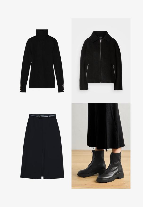 Chaqueta de mezcla de lana negra con cuello, cierre de cremallera en la parte delantera y dos bolsillos laterales con cremalleras plateadas. Corte casual y estructurado con mangas largas.; Suéter negro de cuello alto con una textura acanalada. Presenta mangas largas ajustadas con tres botones plateados en cada puño.; Falda negra hasta la rodilla con una abertura en la parte delantera, hecha de tejido suave. Presenta un delgado cinturón negro con una hebilla plateada y pasadores para el cinturón.; Botas de tobillo de cuero negro con suela de plataforma gruesa y cremallera delantera. Textura suave con un diseño minimalista.
