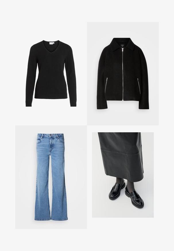 Schwarze Wollmischung Jacke mit Kragen, Reißverschluss vorne und zwei seitlichen Taschen mit silbernen Reißverschlüssen. Lässiger, strukturierter Schnitt mit langen Ärmeln.; Schwarzer V-Ausschnitt-Pullover aus weichem Material, mit langen Ärmeln, geripptem Saum und Bündchen sowie einem einfachen und klassischen Design.; Hellblaue Jeans mit weitem Bein aus Denim. Mit klassischem Fünf-Taschen-Design und sichtbarem Knopfverschluss. Weiche Textur und schlichter Abschluss.; Schwarze Lederloafers mit glatter Oberfläche, verziert mit einem dekorativen Riemen, runder Zehenpartie und texturierten Sohlen. Getragen mit einem langen schwarzen Lederrock.
