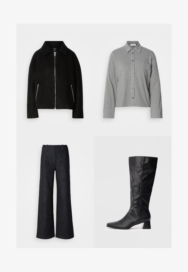Veste en mélange de laine noire avec col, fermeture éclair à l'avant et deux poches latérales avec zips argentés. Coupe décontractée et structurée avec des manches longues.; Chemise grise à boutons en tissu doux, avec un col, des manches longues, une poche poitrine et un poignet boutonné avec un détail de logo.; Pantalon en denim noir à jambes larges avec une finition texturée, doté de passants pour ceinture et d'un ourlet net. Design classique, adapté à diverses occasions.; Botte en cuir noire mi-mollet avec un bout pointu et un talon bloc sur fond clair.