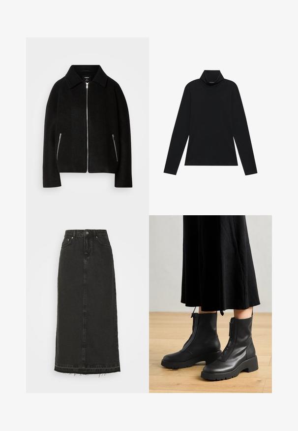 Schwarze Wollmischung Jacke mit Kragen, Reißverschluss vorne und zwei seitlichen Taschen mit silbernen Reißverschlüssen. Lässiger, strukturierter Schnitt mit langen Ärmeln.; Schwarzes langärmeliges Rollkragenshirt. Weicher Stoff, enganliegendes Design, hoher Kragen und seitliche Nähte. Schlichter und vielseitiger Stil, der sich gut für das Layering eignet.; Schwarzer Denim-Midirock mit tailliertem Bund, vorderem Knopfverschluss und ausgefranstem Saum. Verfügt über ein klassisches Fünf-Taschen-Design und eine leichte Textur.; Schwarze Lederstiefeletten mit einer dicken Plattformsohle und einem Reißverschluss vorne. Glatte Textur mit einem minimalistischen Design.