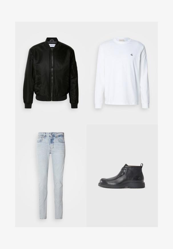 Chaqueta bomber negra hecha de nailon brillante, con cremallera frontal, puños y dobladillo acanalados, y un bolsillo con cremallera en la manga izquierda.; Camisa blanca de algodón de manga larga con cuello redondo y pequeño logo negro "cK" en el pecho izquierdo.; Jeans de mezclilla azul claro con un corte recto, diseño de cinco bolsillos y un acabado ligeramente desgastado. Presenta un cierre de botón y pasadores para cinturón.; Botas de cuero negras hasta el tobillo con punta redondeada, diseño con cordones y una lengüeta en la parte trasera. Parte superior texturizada y suela de goma.