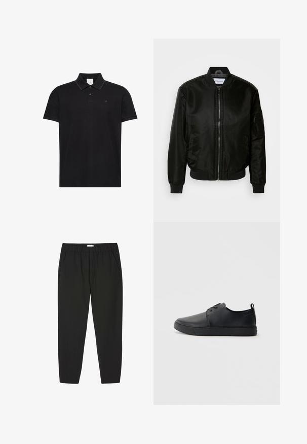 Chaqueta bomber negra hecha de nailon brillante, con cremallera frontal, puños y dobladillo acanalados, y un bolsillo con cremallera en la manga izquierda.; Camiseta tipo polo negra de manga corta con cuello, dos botones, sutil ribete en contraste en los bordes del cuello y pequeño logo "ck" en el pecho.; Pantalones negros con cintura elástica, piernas rectas y bolsillos laterales, diseñados para uso casual o profesional.; Zapatilla negra de cuero con acabado suave, punta redondeada, costuras a tono, cordones en la parte delantera y suela de goma plana. Asa en el talón.