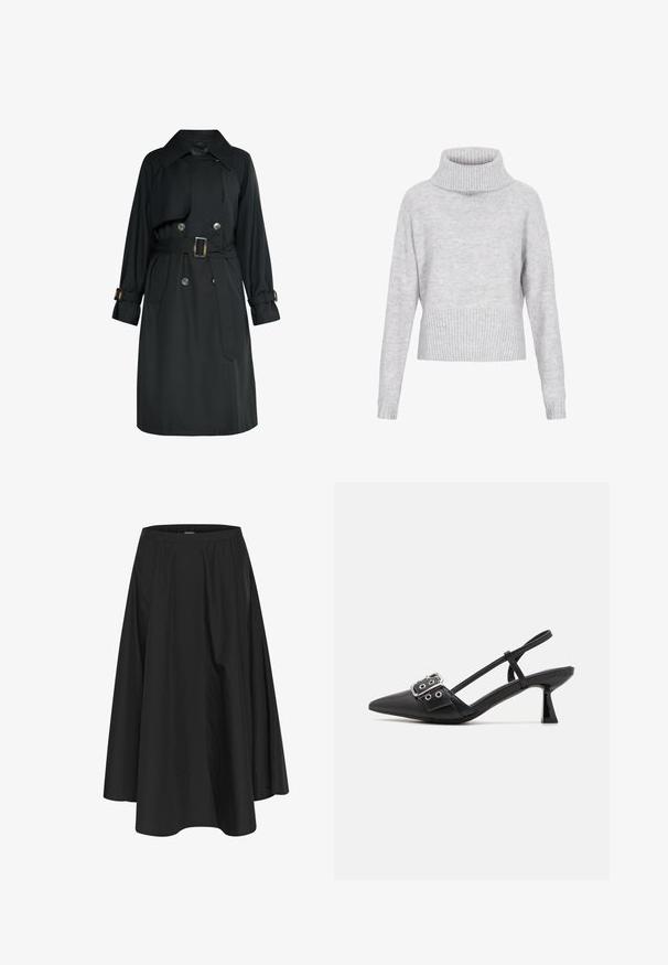 Zwarte dubbelgeknoopte trenchcoat met riem, brede kraag, met knopen gesloten polsbandjes en voorflapdetail, getoond op een witte achtergrond.; Lichtgrijze coltrui met een geribde kraag en zoom, met lange mouwen en een ontspannen pasvorm. Gemaakt van een gestructureerde breisel.; Zwarte knielange rok met een elastische tailleband, voorzien van plooien voor volume en een soepele textuur. Eenvoudig, klassiek ontwerp zonder versieringen.; Simmi London DALA - Klassieke pumps - black