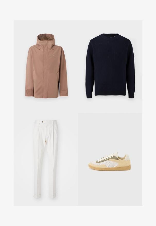 Beige regenjas met capuchon, voorrits verborgen onder een klep, zijzakken, verstelbare manchetten en het "Holzweiler"-logo op de borst.; Marineblauwe geribde gebreide trui met ronde hals en lange mouwen, weergegeven tegen een witte achtergrond.; Witte, op maat gemaakte broeken met een platte voorkant, twee plooien en omgeslagen pijpen. Gemaakt van een gladde stof met een knoopsluiting in de taille.; Lage sneaker van beige suède, witte mesh panelen, olijfkleurige accenten, witte veters en een zool van kauwgomrubber op een lichtgrijze achtergrond.