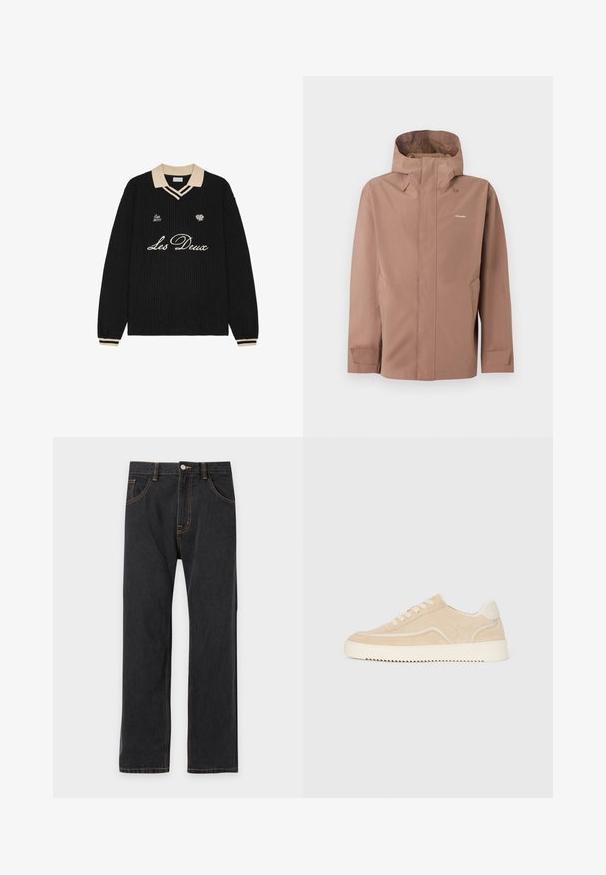 Veste de pluie beige à capuche avec fermeture éclair frontale dissimulée par un rabat, poches latérales, poignets ajustables et logo "Holzweiler" sur la poitrine.; Pull en maille noir avec col et poignets beige, avec le texte "Les Deux", une petite rose et "Est. 2011" brodés sur la poitrine.; Jean noir droit avec des coutures orange contrastantes, bouton avant et poches sur un fond clair uni.; Baskets en daim beige avec semelle et lacets blancs, design basse, et motif de semelle en zigzag.