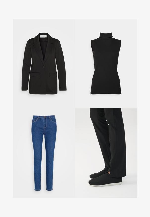 Schwarzer Blazer aus weichem Stoff, mit einem einzelnen Knopfverschluss, mit aufgesetzten Revers und zwei Vorder- Taschen ohne Verzierungen.; Schwarzes ärmelloses Rollkragenoberteil aus geripptem Stoff, mit hohem Kragen undtaillierter Silhouette. Glatte Textur mit minimalen Details.; Schmale Jeans aus mittlerem blauen Denim mit einer mittelhohen Taille, im Fünf-Taschen-Design und mit subtilen Stichakzenten. Glatte Textur und klassischer Schnitt.; Schwarze Slipper mit einer strukturierten Oberfläche und weißer Gummisohle, zusammen mit maßgeschneiderten schwarzen Hosen präsentiert, die ein minimalistisches Design aufweisen.
