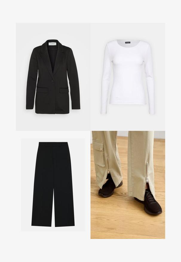 Blazer negro hecho de tela suave, con un cierre de un solo botón, solapas con muesca y dos bolsillos frontales sin adornos.; Top de manga larga blanco con cuello redondo. Fabricado en una tela elástica que se ajusta al cuerpo. Presenta sutiles líneas horizontales.; Pantalones negros de pierna ancha hechos de una tela suave. Presentan una cintura plana con pasadores de cinturón y sin bolsillos visibles. Diseño sencillo.; Pantalones beige de pierna ancha con cremalleras en los tobillos, combinados con zapatillas deportivas negras con parte superior texturizada y suela acolchada.